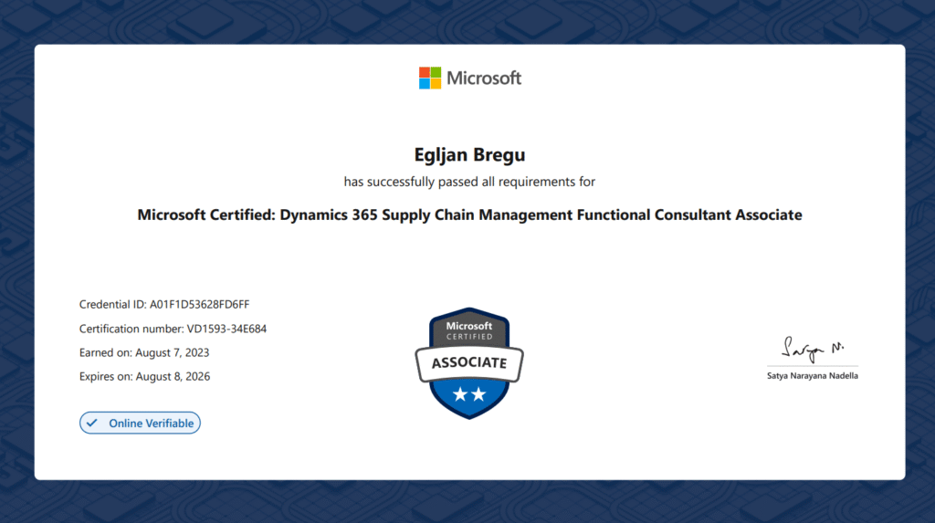 dynamics 365 supply chain management functional consultant associate